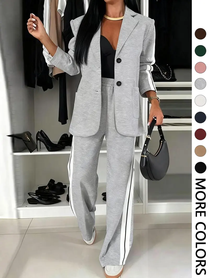 Women's Fall Winter Suit Set, Blazer + Wide Leg Striped Pants, Casual Daily Wear, Home & Outdoors Essential, Includes Pockets