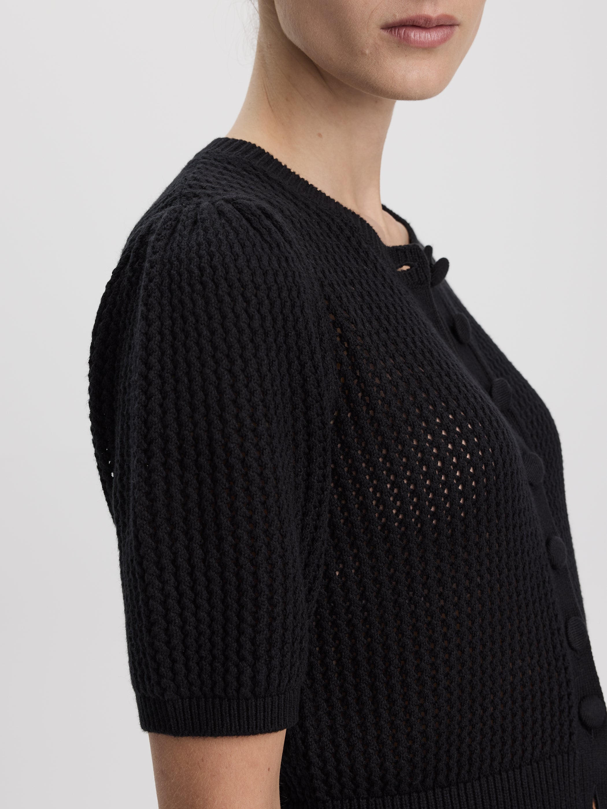 Short-Sleeve Crew-Neck Cardigan with Pointelle Stitches-Tactilefable