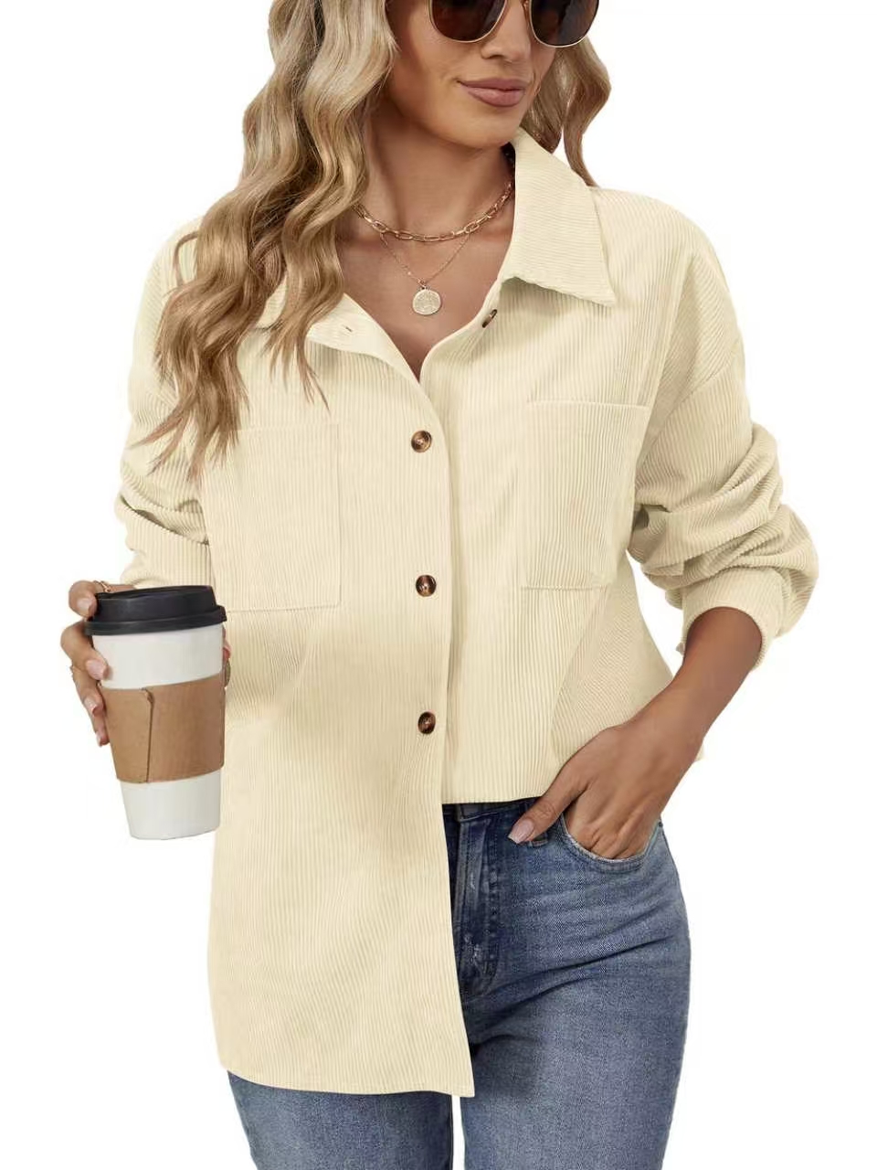 Women Loose Mid-Length Corduroy Shirt, Lapel Button Down Casual Fall Tunic Top-Tactilefable