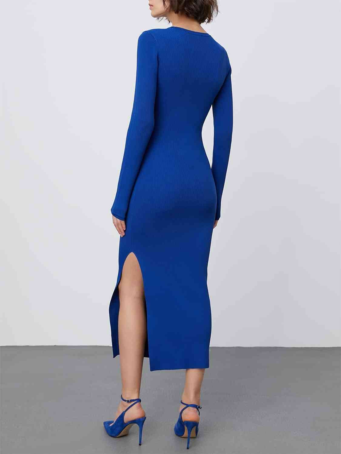 Autoamerican 80's Round Neck Side Slit Sweater Dress-Tactilefable