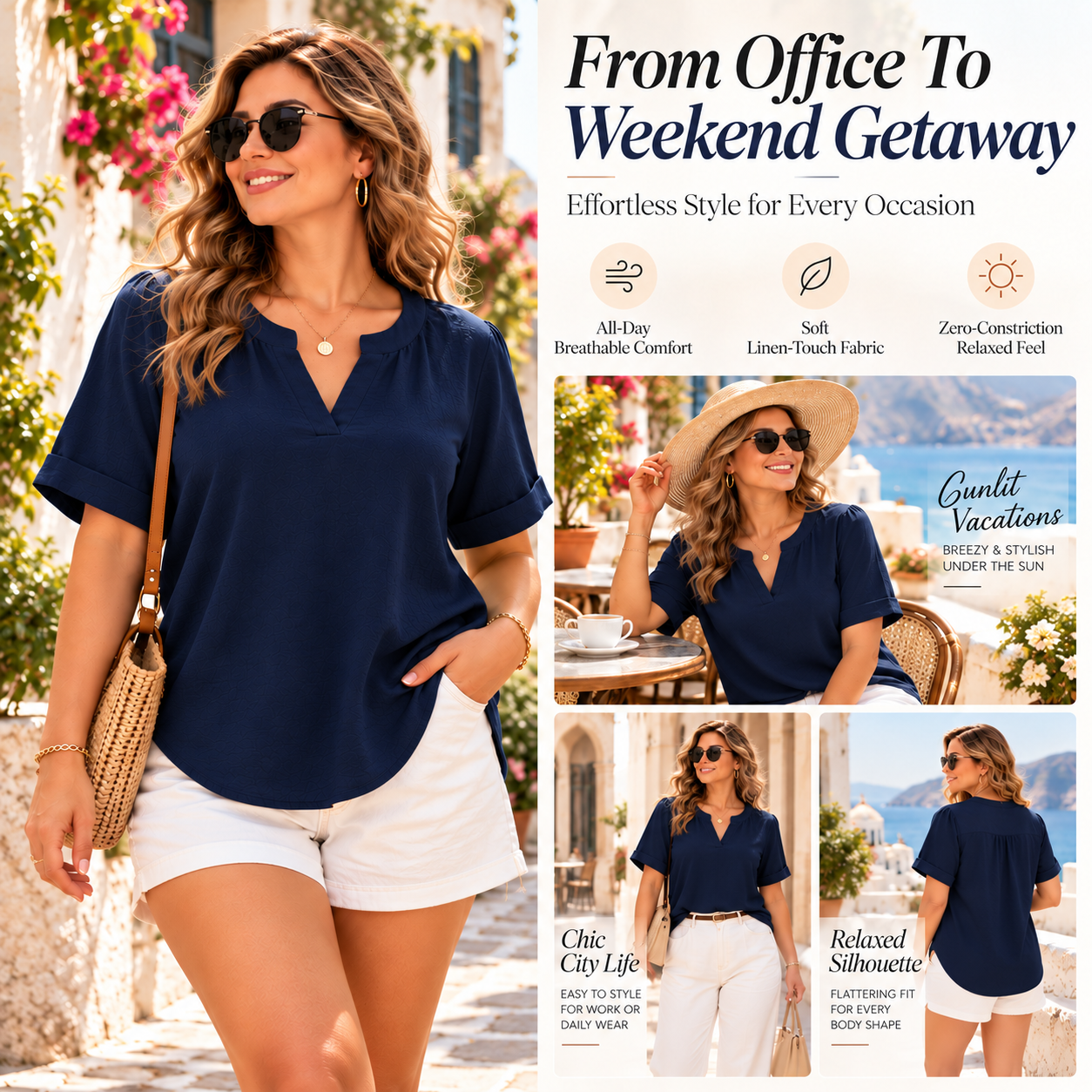 Notch Neck Rolled Cuff Blouse-Tactilefable