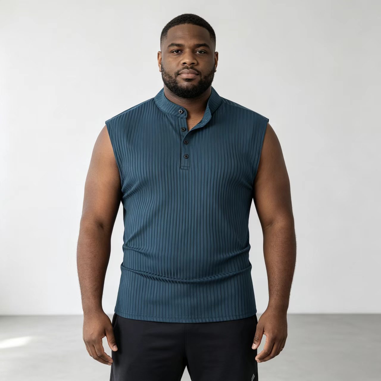 Men's Ribbed Sleeveless Henley Tank Top, Solid Color Button Up Athletic Workout T-Shirt