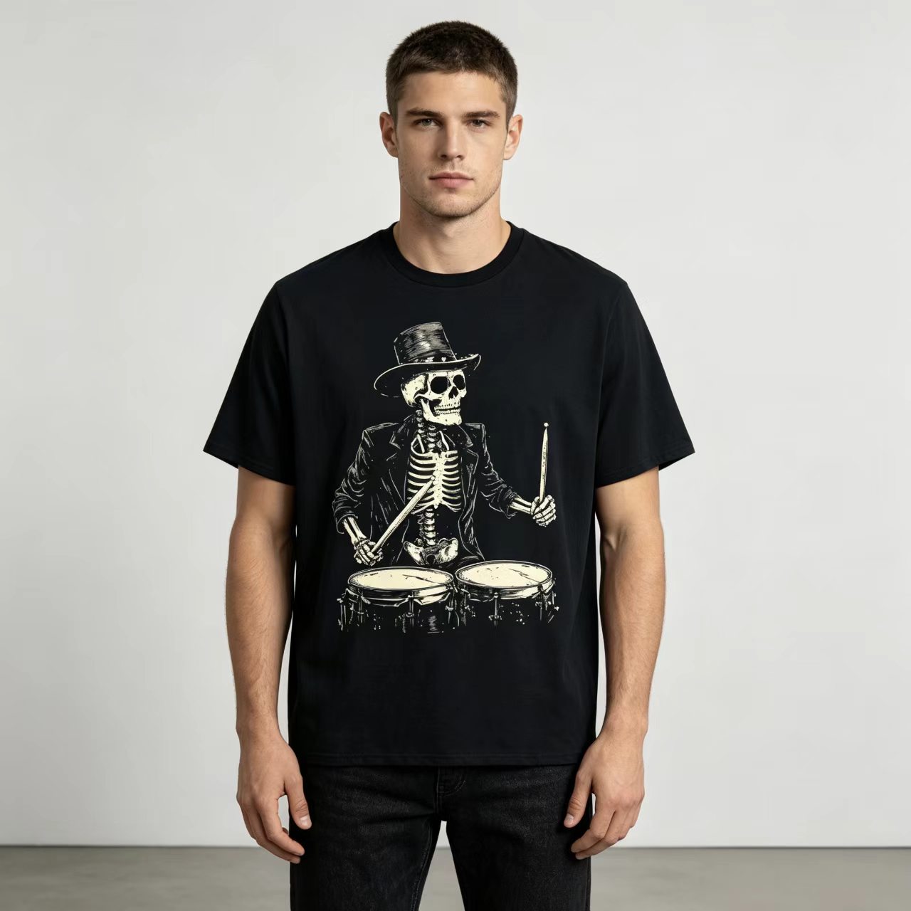 Men’s Cotton Skeleton Drummer Rock Graphic Crew Neck Short Sleeve Tee-Tactilefable