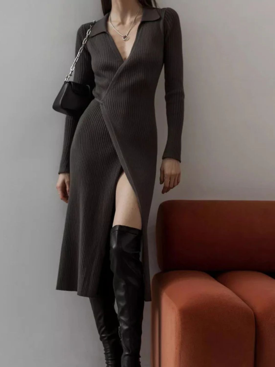 Maya Tied Collared Neck Long Sleeve Sweater Dress | 3 Colors | Poundton-Tactilefable