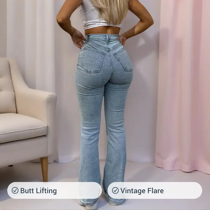 Women's Vintage Flare Denim Jeans Light Blue Washed Butt Lifting Slimming, Casual Long Pants, Natural Waist, All Seasons, Solid Pattern Women's Vintage Flare Denim Jeans Light Blue Washed Butt Lifting Slimming, Casual Long Pants, Natural Waist, All Seasons, Solid Pattern