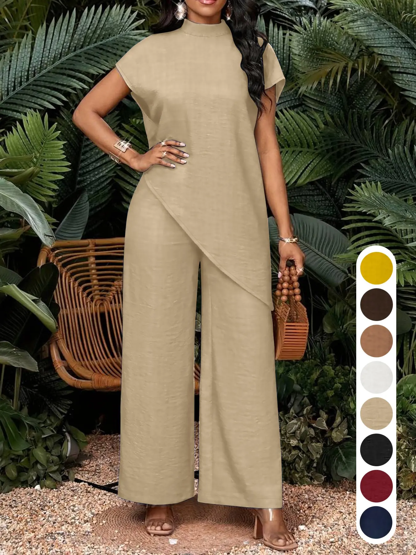 Summer Women’s Solid Stand Collar Two-Piece Set