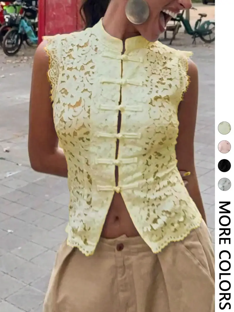 Women's Spring Summer Stand Collar Button Front Lace Vest, Floral Cut Out Hem, Lightweight Breathable Slim Fit, Casual Street Style Aesthetic Top, Fashion Vest Women's Spring Summer Stand Collar Button Front Lace Vest, Floral Cut Out Hem, Lightweight Breathable Slim Fit, Casual Street Style Aesthetic Top, Fashion Vest