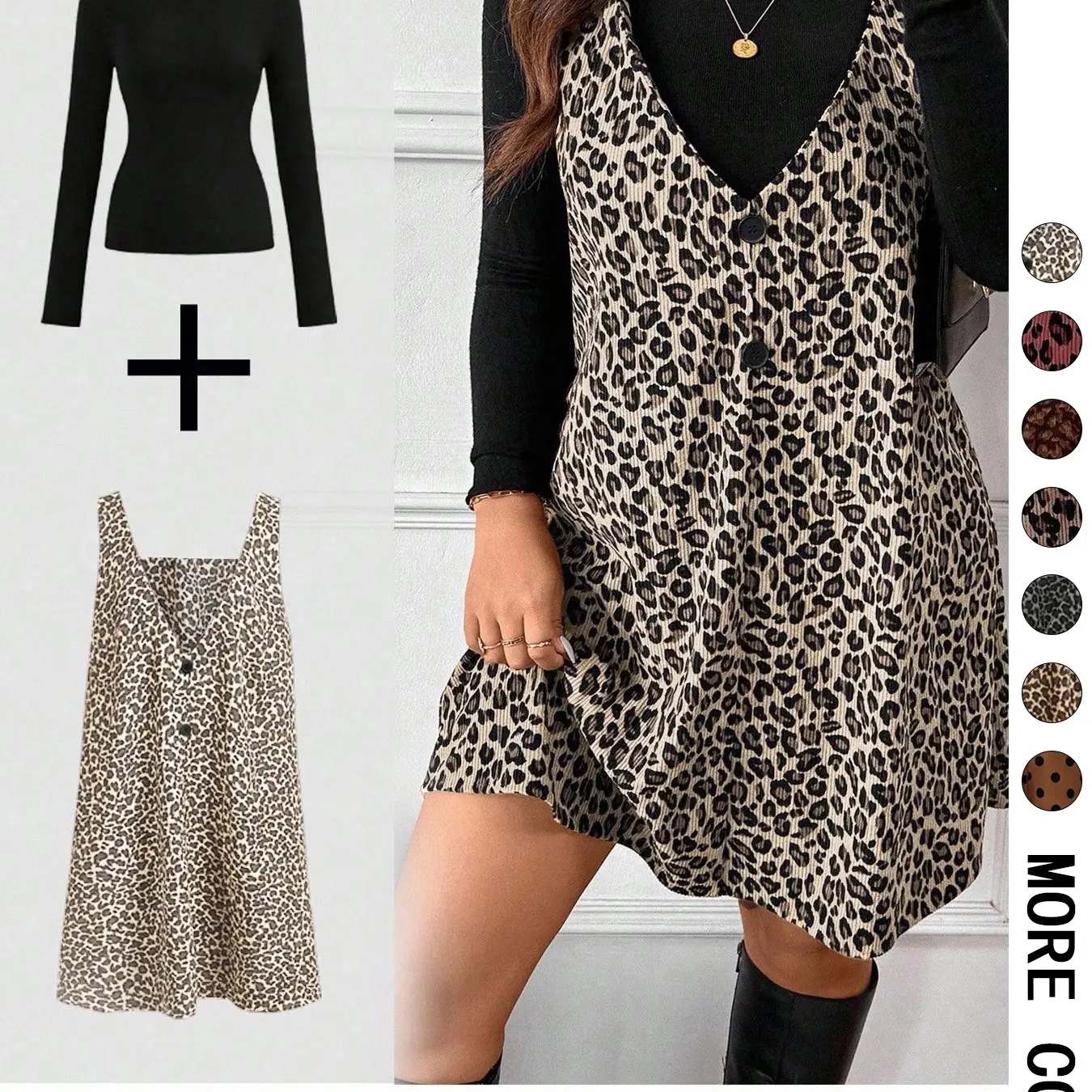 Women's High Neck Long Sleeve Inner Layer & Leopard Print Strap Skirt Matching Set