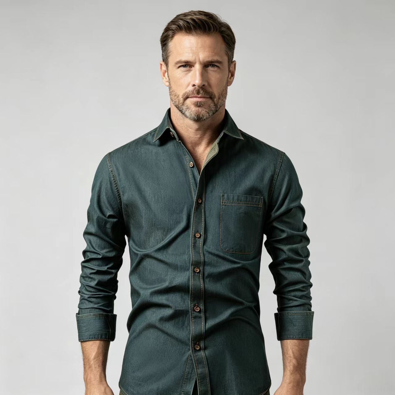 Men's Denim Shirt, Pure Cotton, Wrinkle-Free, Solid Color, Long Sleeve-Tactilefable