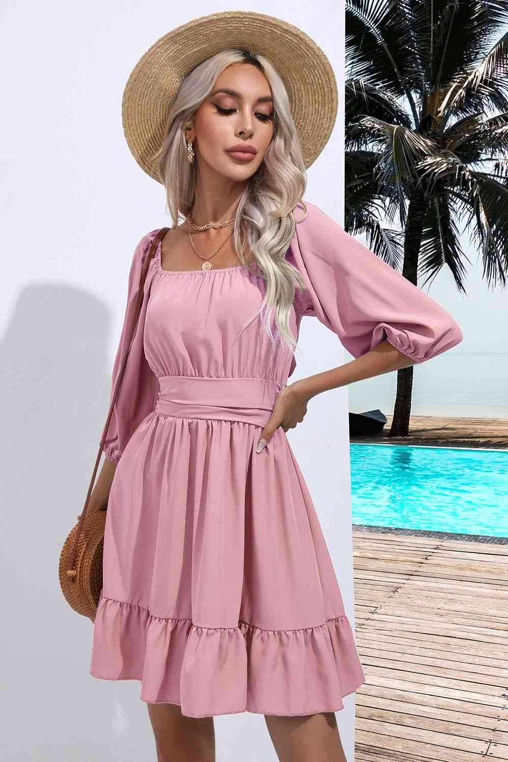 Sofia Square Neck Tie Back Ruffle Hem Mini Peasant Dress | 5 Colors | Poundton-Tactilefable