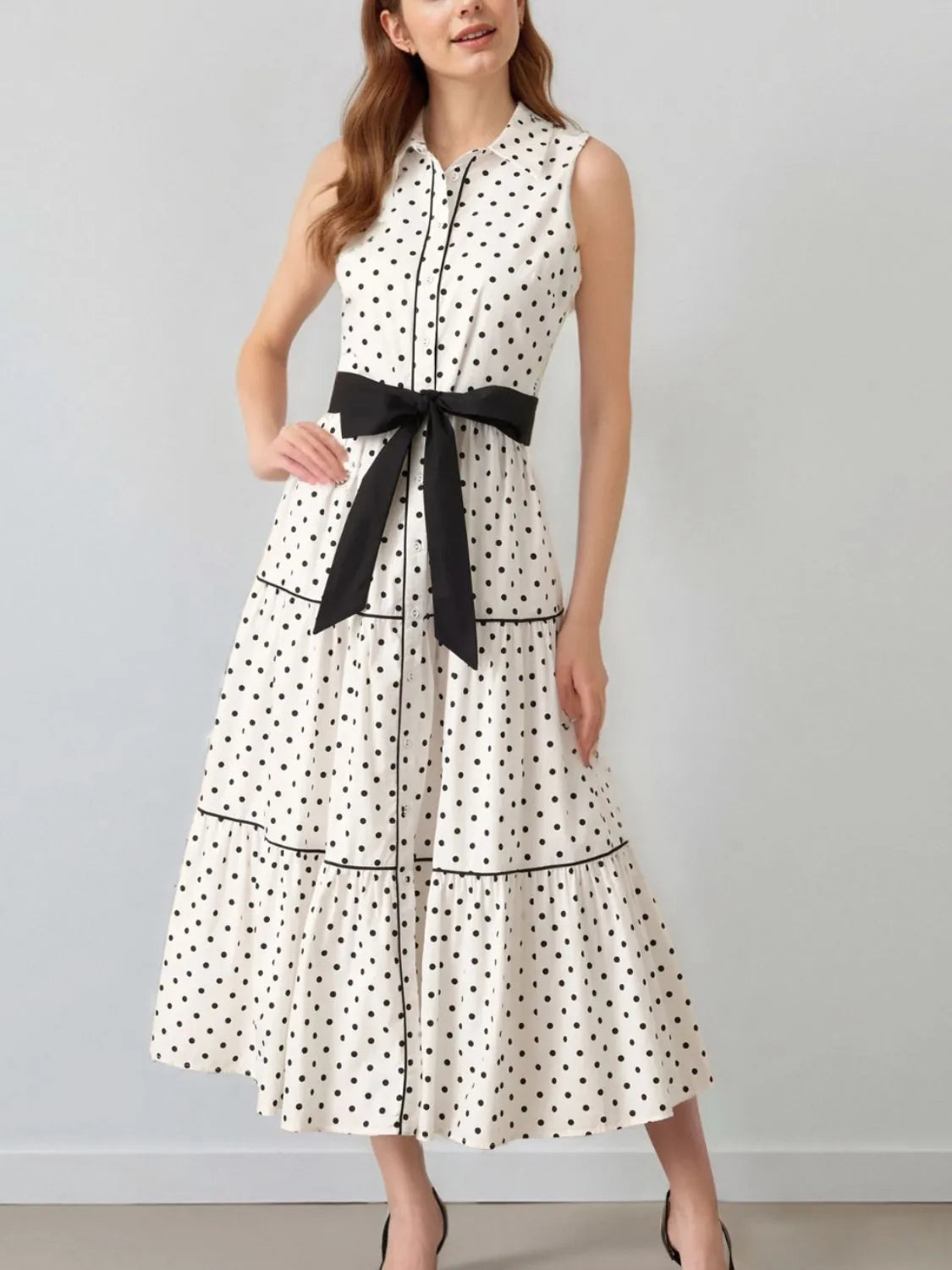 Polka Dot Bowed Sleeveless Midi Shirt Dress | Color White | Poundton-Tactilefable