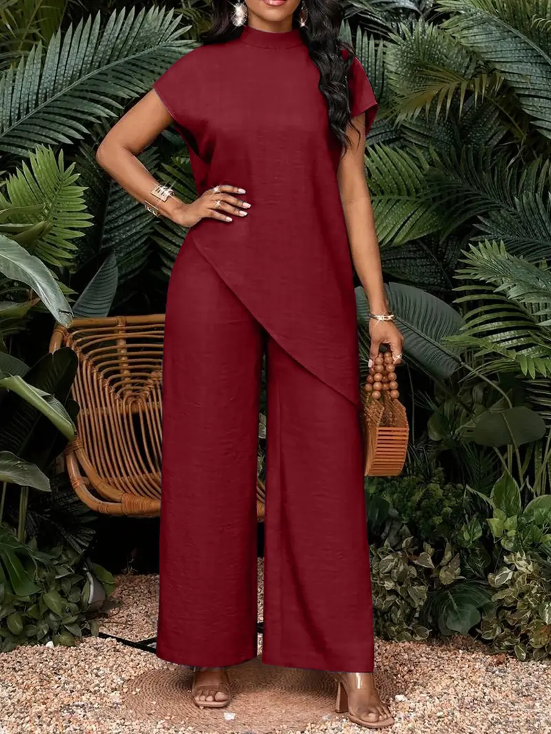 【Black Friday】Summer Women's Solid Stand Collar Asymmetrical Top & High Waist Wide Leg Pants Set, Casual Two-Piece Set for Business & Daily Wear, Womenswear 【Black Friday】Summer Women's Solid Stand Collar Asymmetrical Top & High Waist Wide Leg Pants Set, Casual Two-Piece Set for Business & Daily Wear, Womenswear