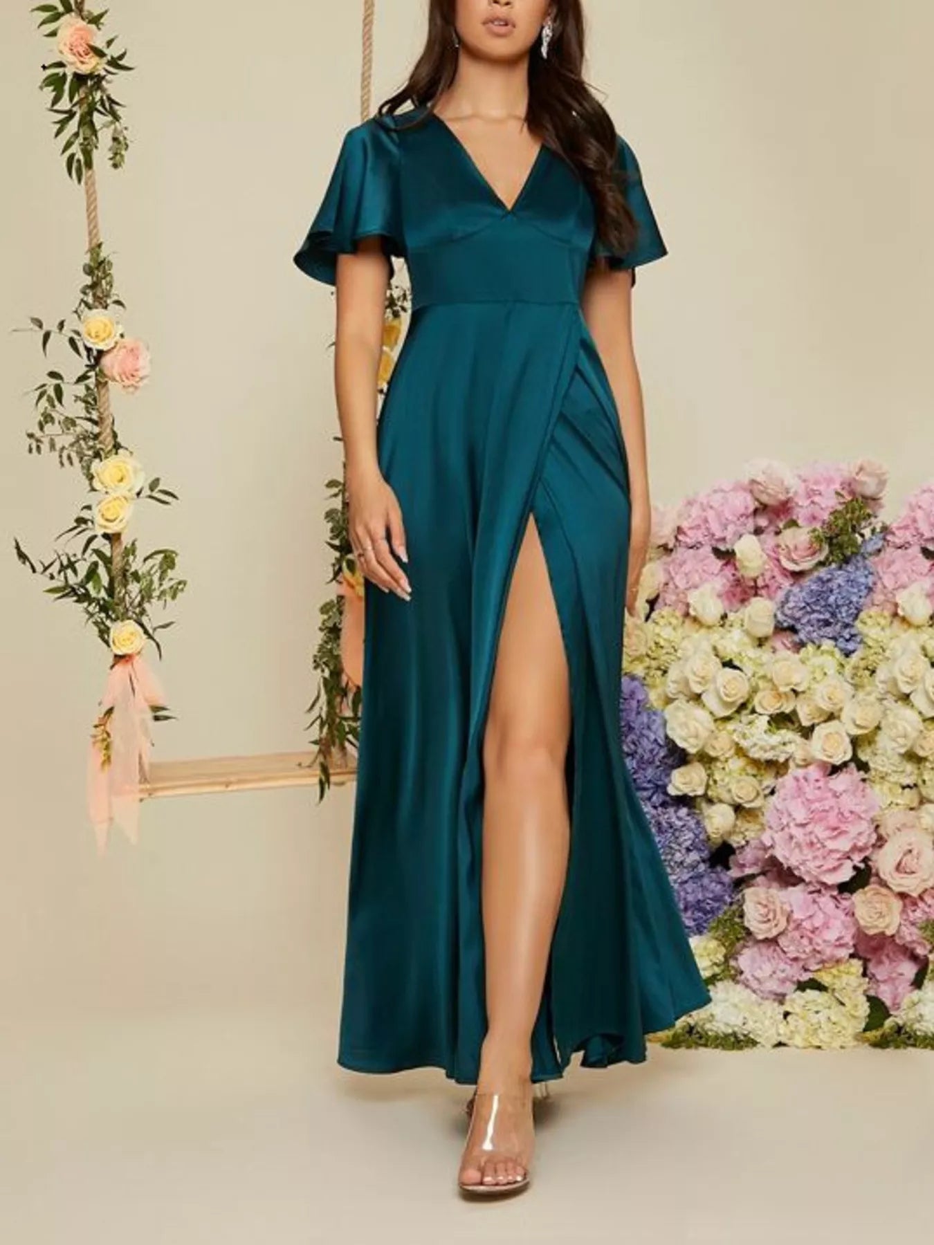 Serena Flutter Sleeve Satin Maxi Dress | 5 Colors | Poundton-Tactilefable