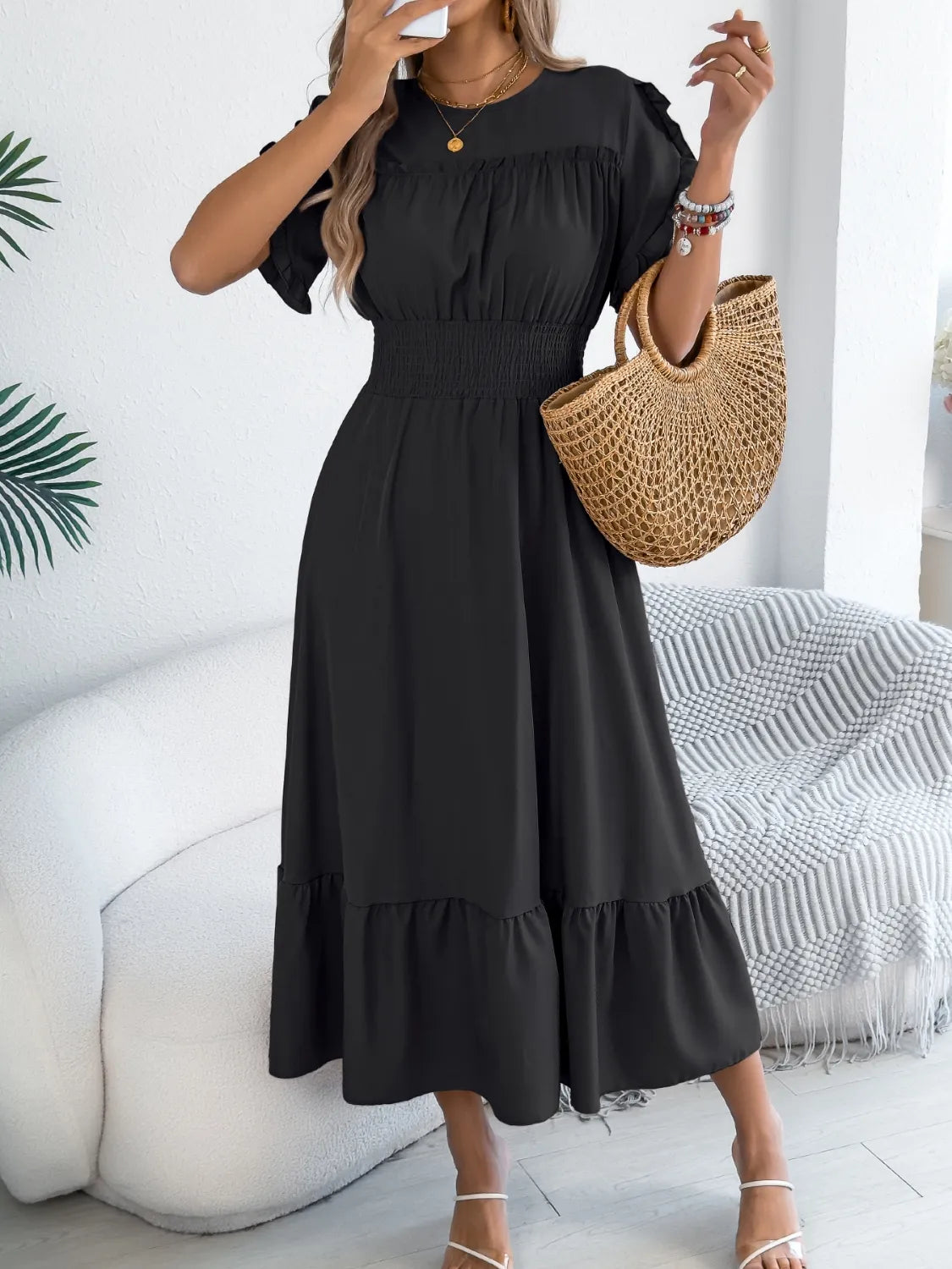Frill Neck Midi Dress | 3 Colors | Poundton-Tactilefable