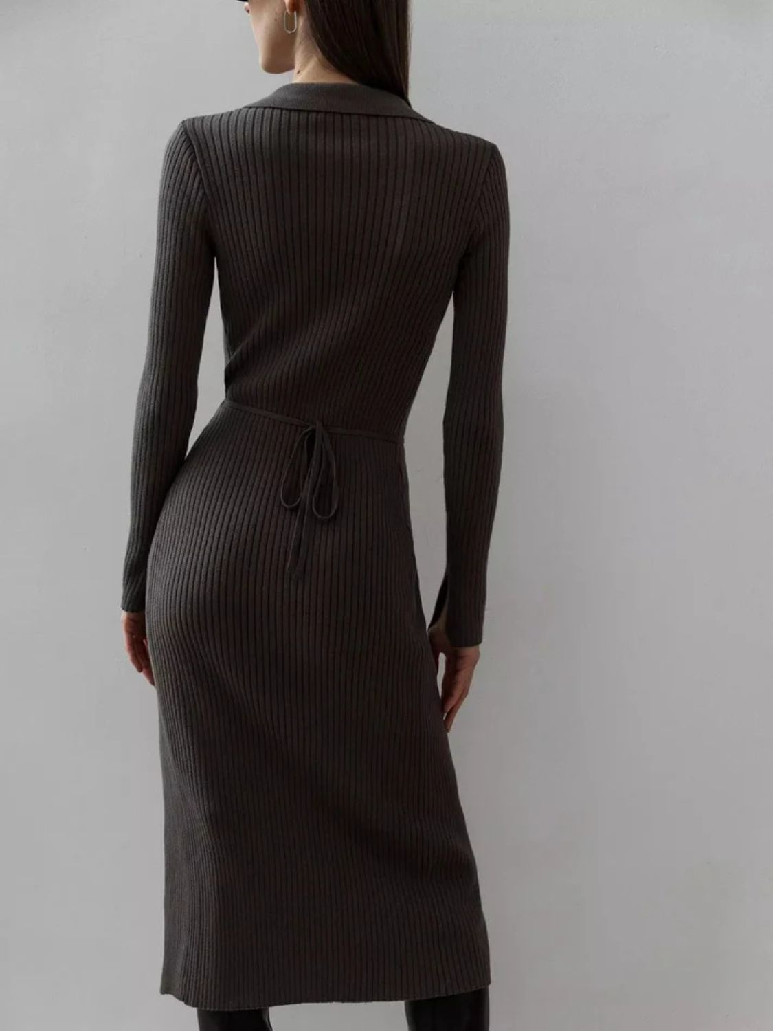 Maya Tied Collared Neck Long Sleeve Sweater Dress | 3 Colors | Poundton-Tactilefable