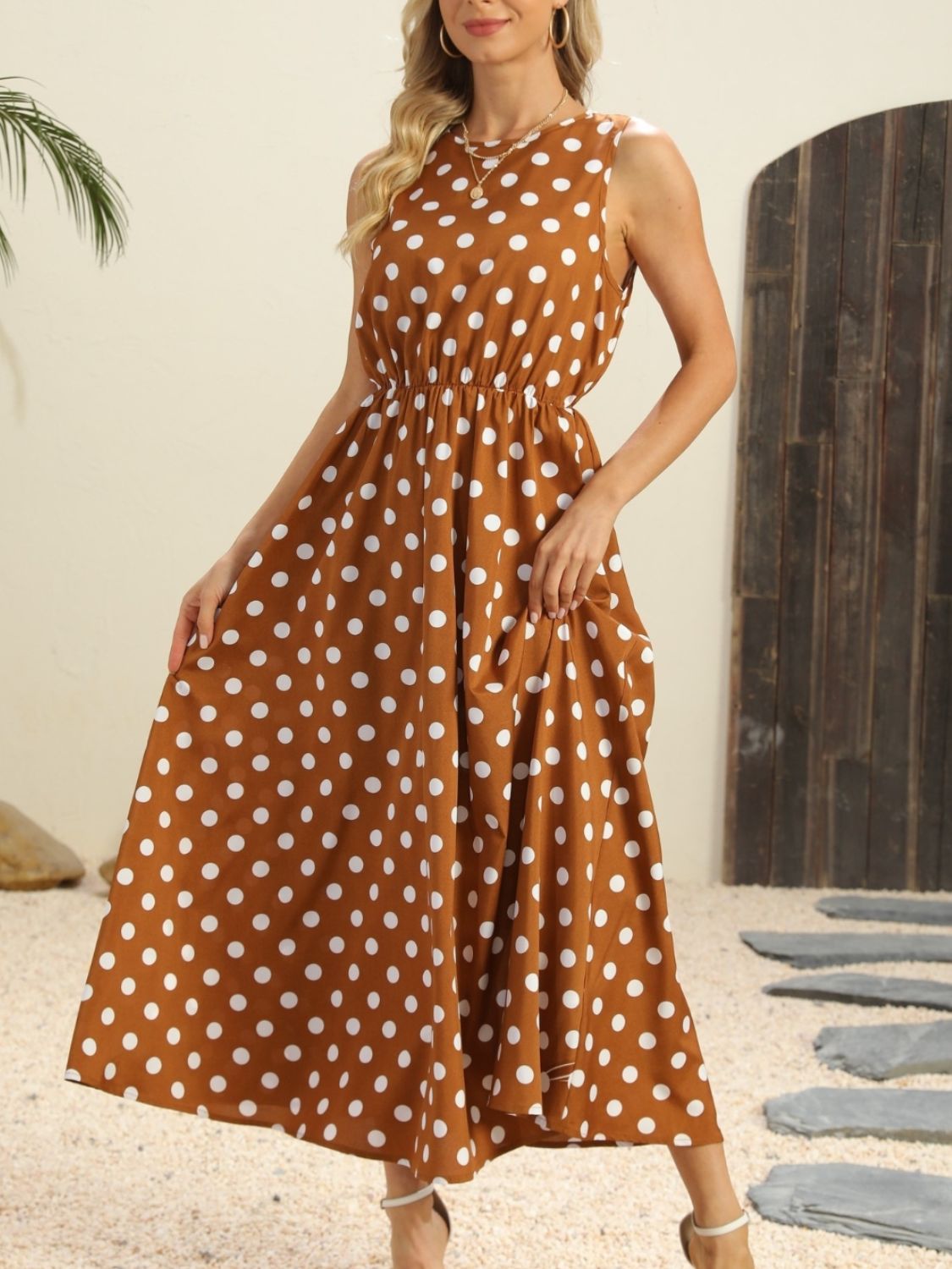 Grace Polka Dot Round Neck Sleeveless Midi Dress | 2 Colors-Tactilefable