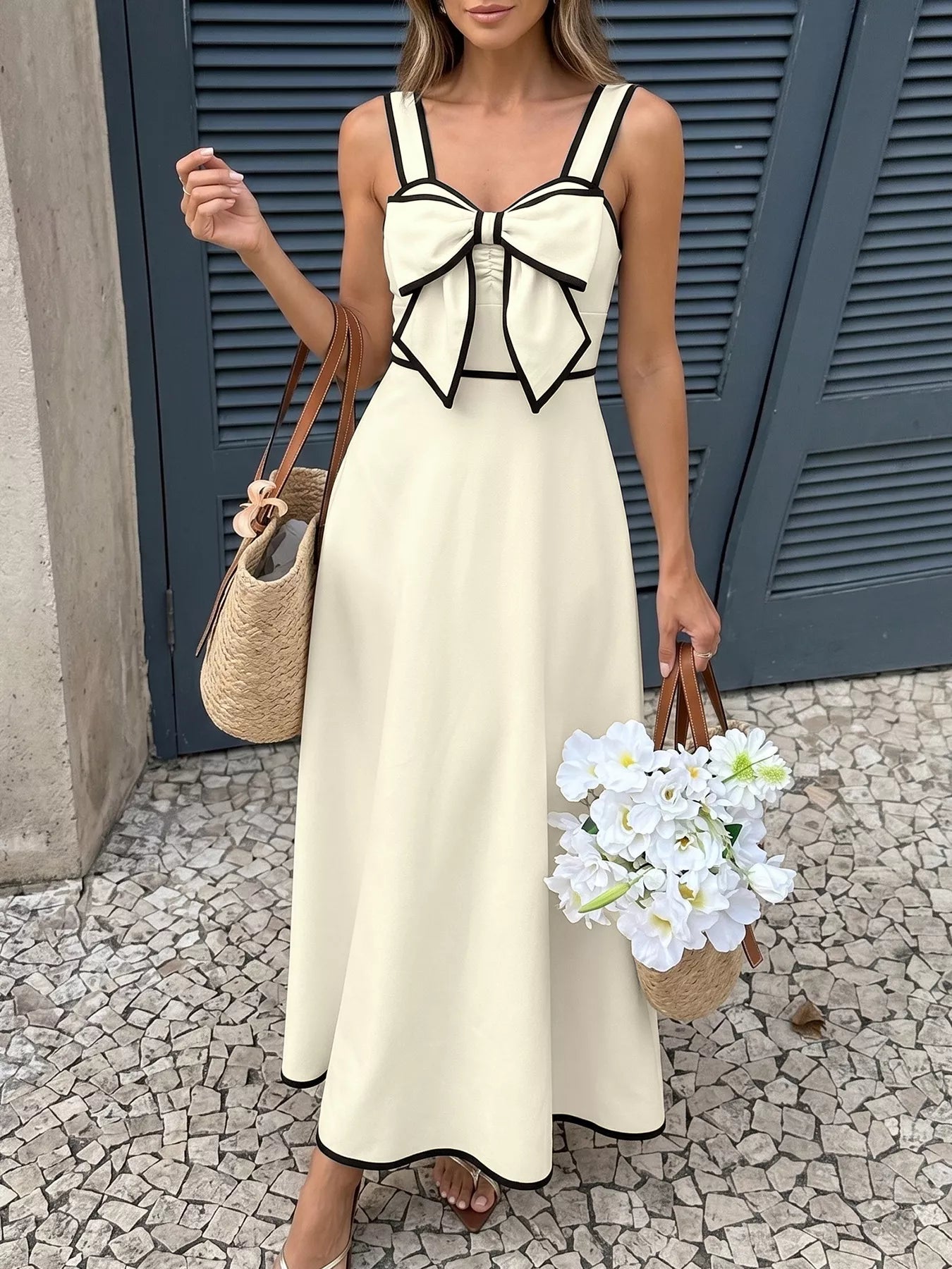 Bow-Trim A-Line Midi Dress-Tactilefable