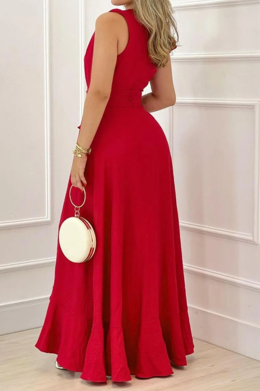 Stolen Glance Ruffled Plunge Sleeveless Maxi Dress | 2 colors | Poundton-Tactilefable
