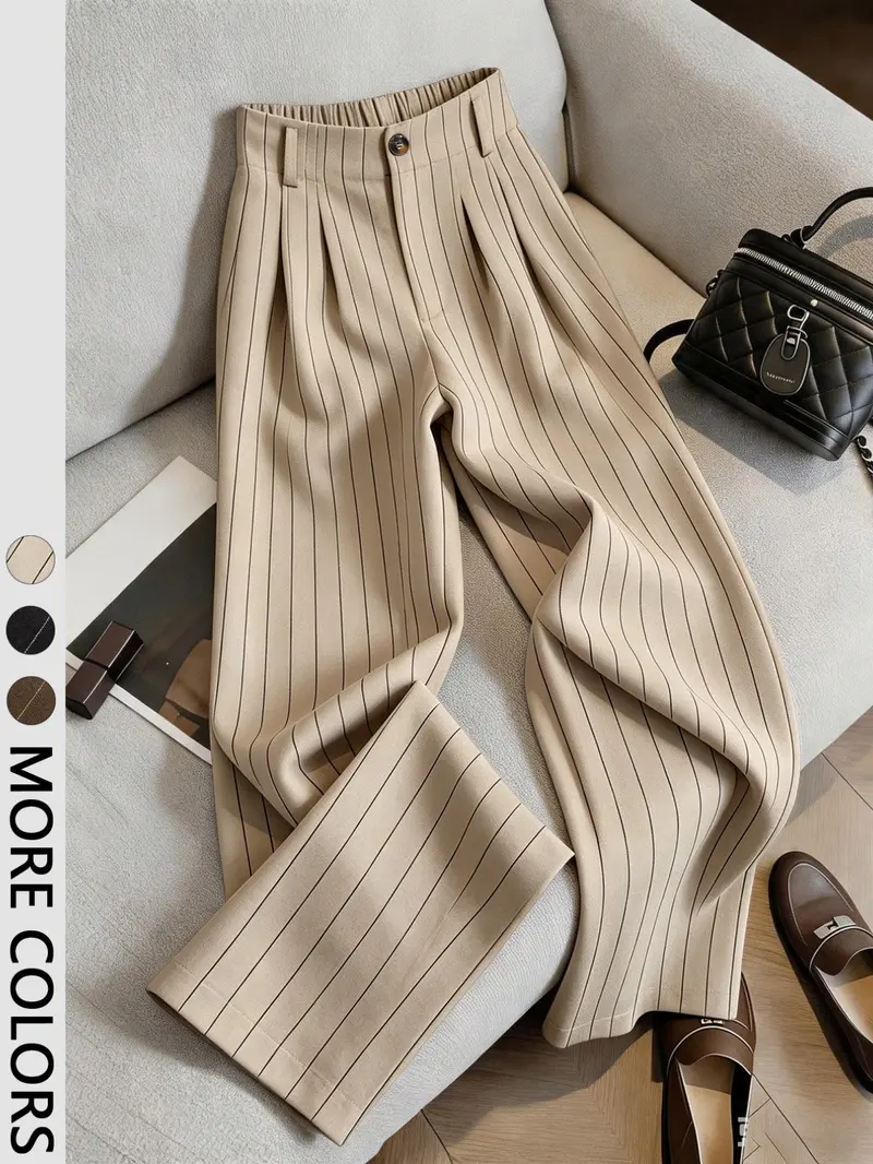 Women's Striped Suit Pants, High Waist Elastic Waist Conceal Hip Straight Leg Long Trousers, Business Casual Loose Fit for Work and Daily Wear