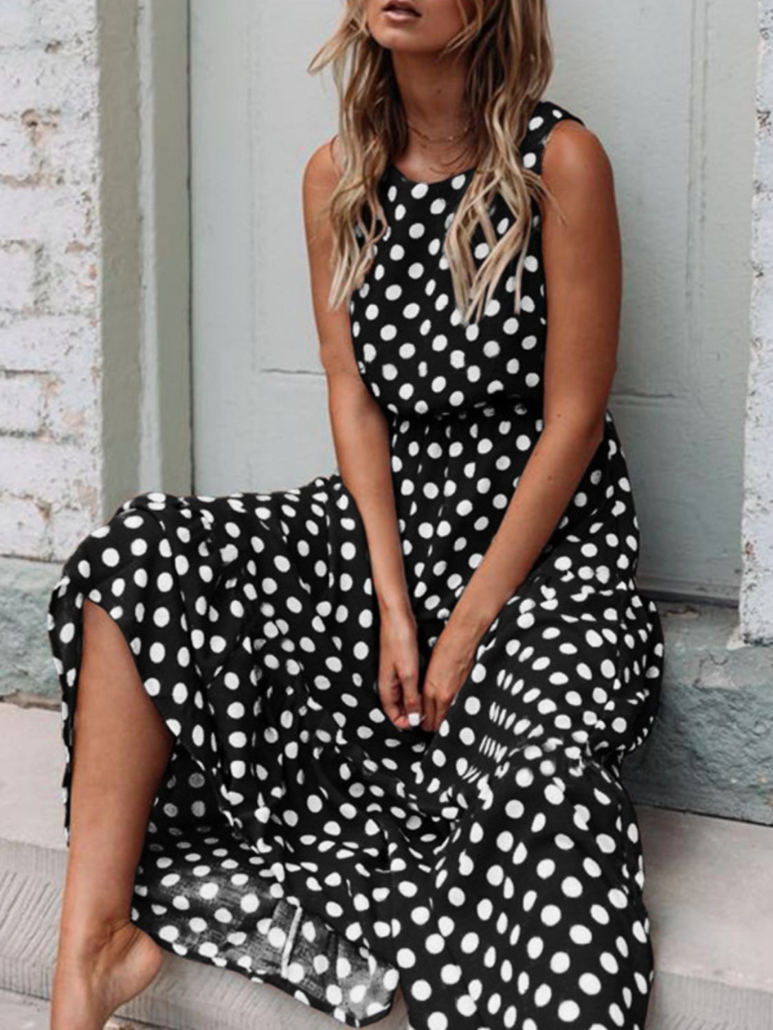 Grace Polka Dot Round Neck Sleeveless Midi Dress | 2 Colors-Tactilefable