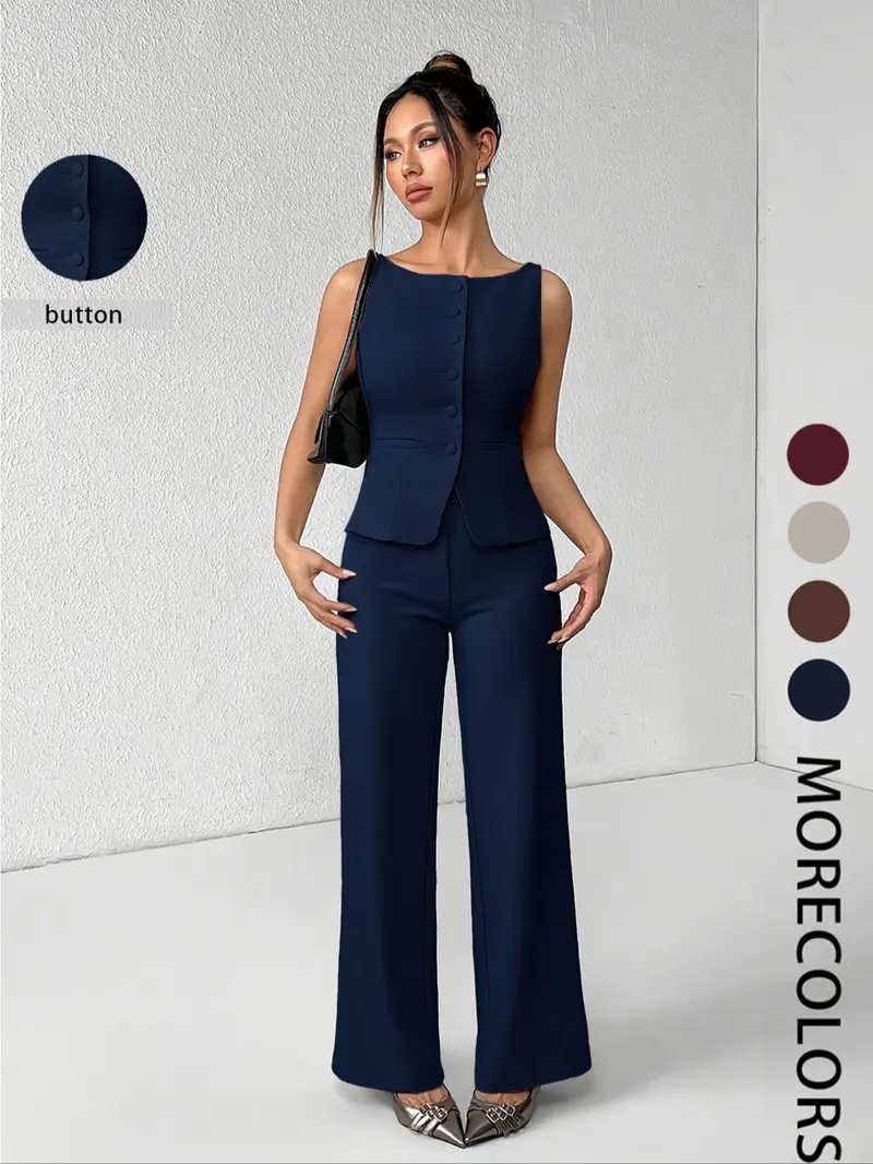 【Black Friday】Women's Solid Color Button Front Tank Top & Wide-Leg Pants Set, Casual Fashion Two-piece Set for Summer, Women's Clothing for Daily Wear, Office Siren Outfits, Elegant Suits