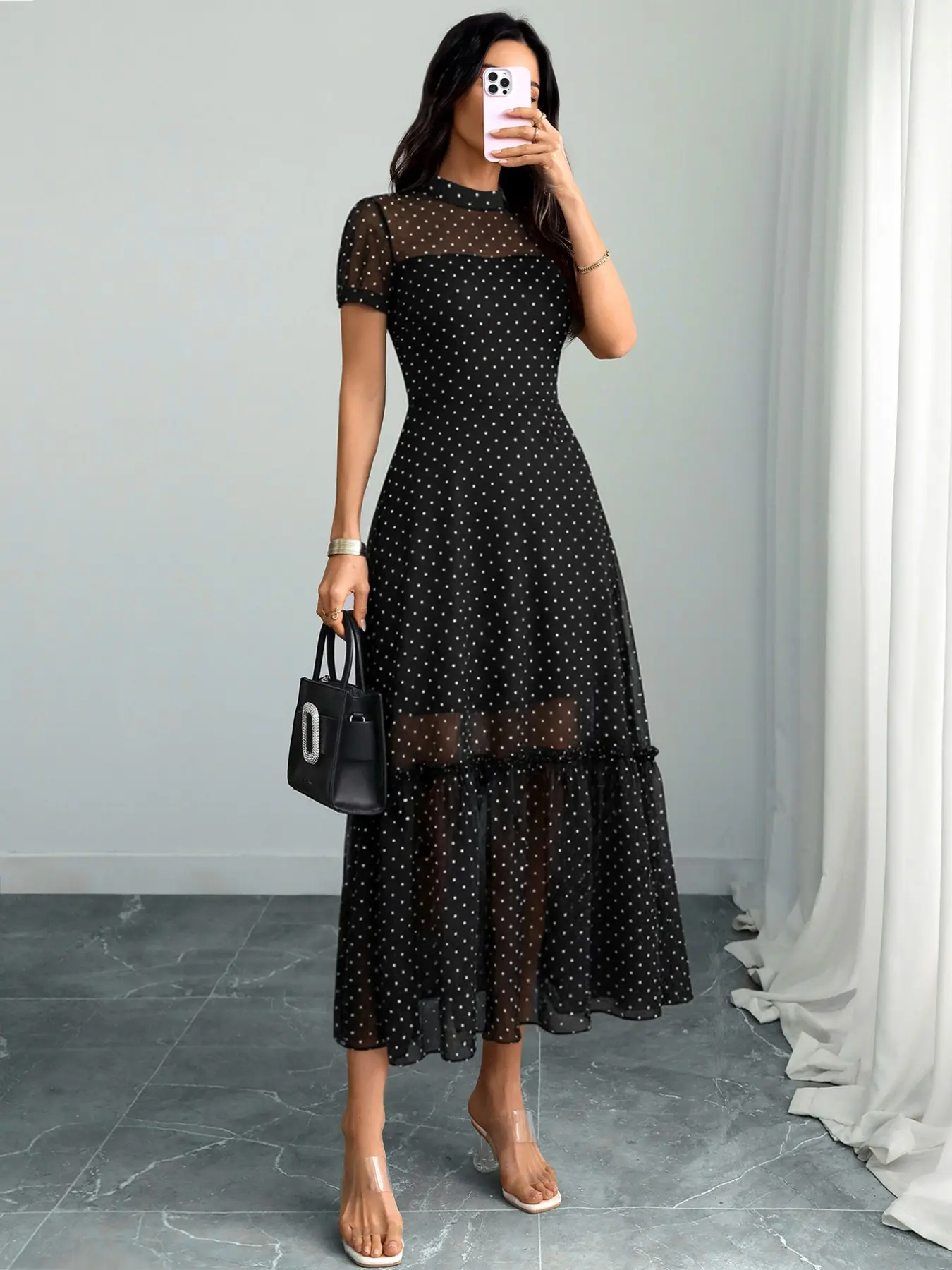 Vestido Midi de Malla con Estampado y Cuello Alto