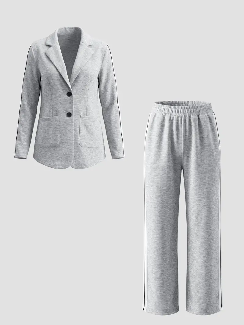 Women's Fall Winter Suit Set, Blazer + Wide Leg Striped Pants, Casual Daily Wear, Home & Outdoors Essential, Includes Pockets