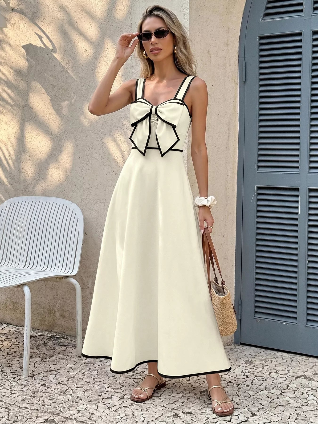 Bow-Trim A-Line Midi Dress-Tactilefable