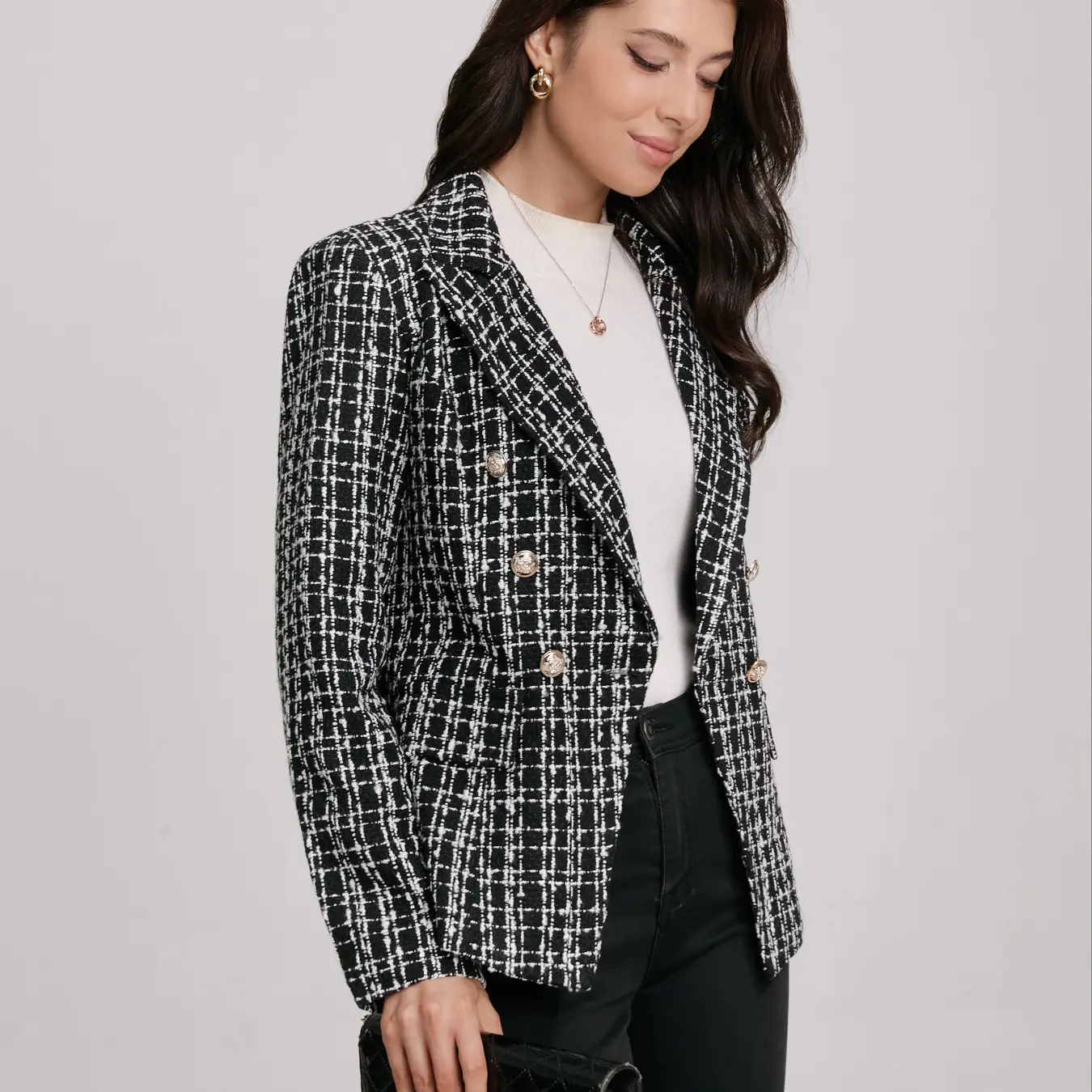 Plaid Double Button Flap Blazer for Women, Work Office, Houndstooth