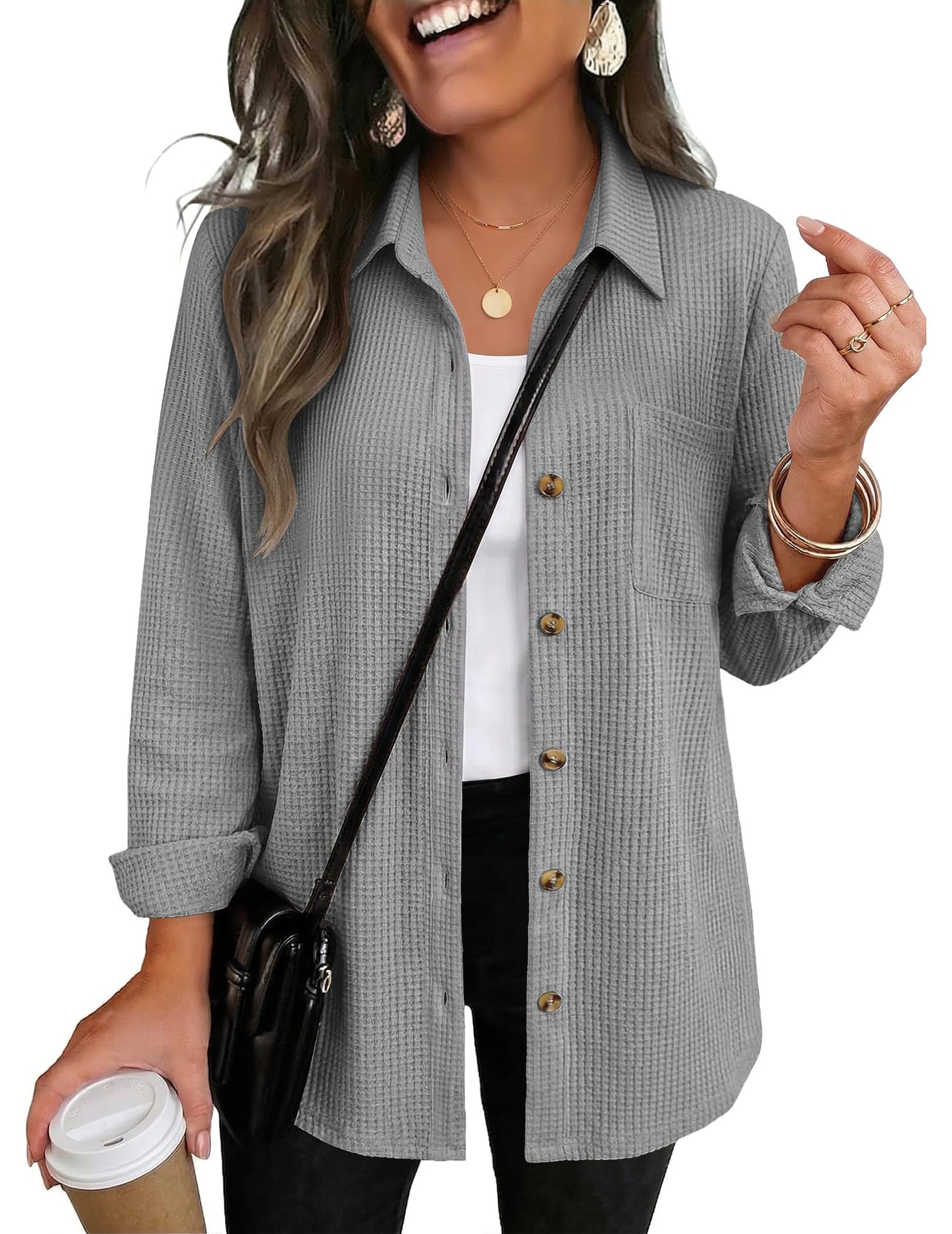 Women's Casual Waffle Knit Top, Button Down Long Sleeve Shacket-Tactilefable