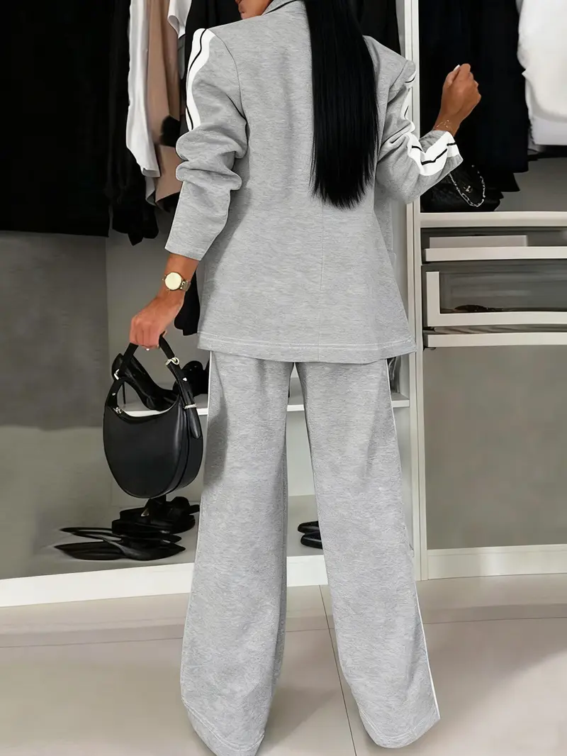 Women's Fall Winter Suit Set, Blazer + Wide Leg Striped Pants, Casual Daily Wear, Home & Outdoors Essential, Includes Pockets