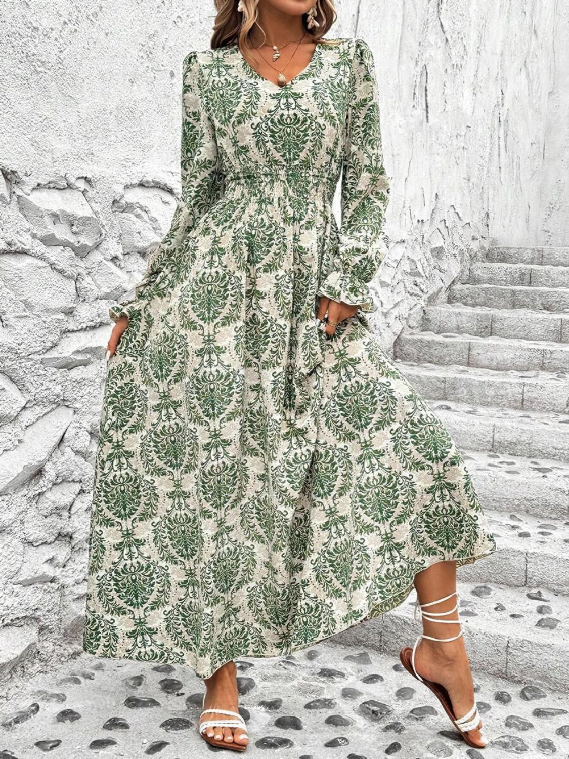 Gianna Smocked Printed V-Neck Flounce Sleeve Dress | 4 Colors-Tactilefable