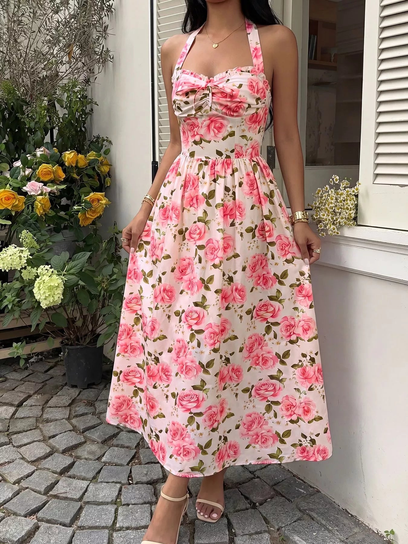 Floral Halter Midi Dress-Tactilefable