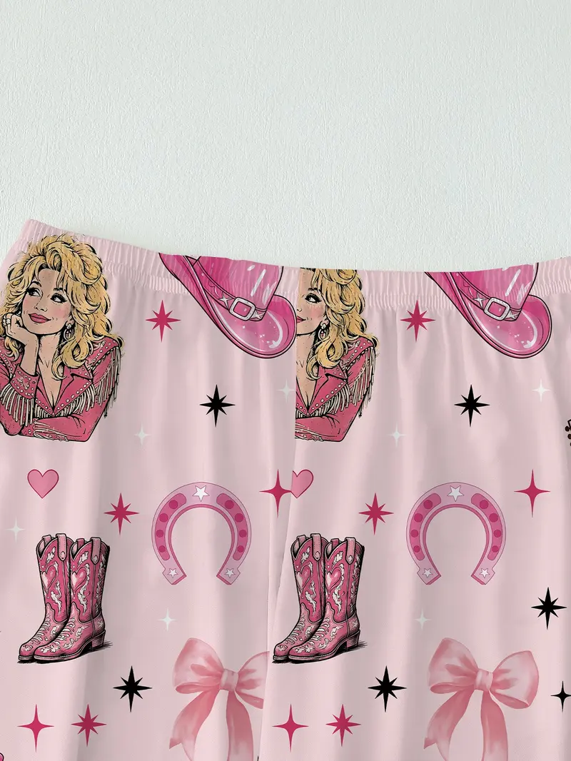 Country Music Guitar Print Cowgirl 2-Piece Pajama Set, Comfortable Knit Long Sleeve Button Front Homewear, Fall & Winter Loungewear Country Music Guitar Print Cowgirl 2-Piece Pajama Set, Comfortable Knit Long Sleeve Button Front Homewear, Fall & Winter Loungewear