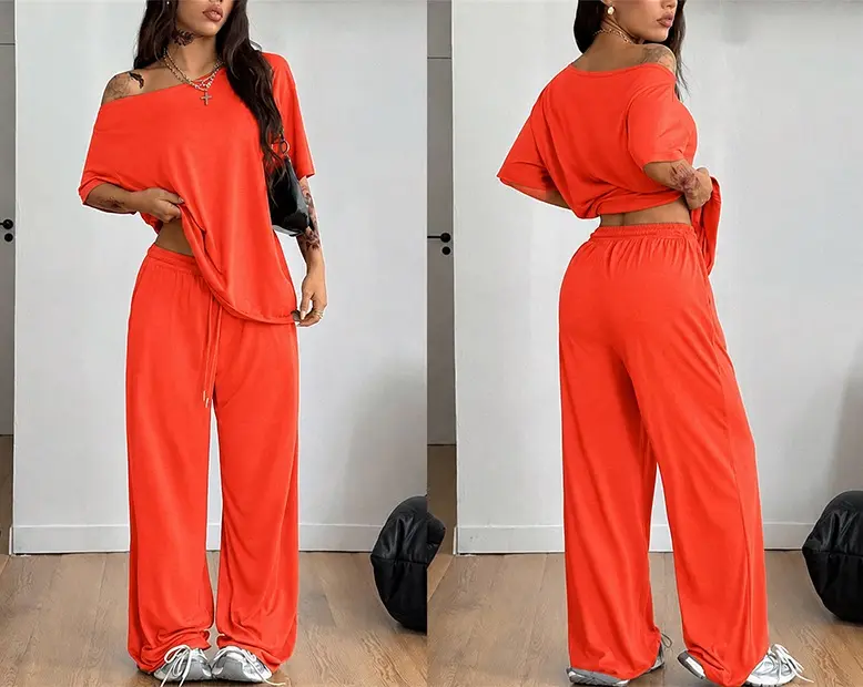 2 Pcs/Set Women's Minimalist Basic Daily Wear, Going Out, Sport Comfortable Off Shoulder T-Shirt and Wide Leg Pants Two Pieces Outfits, Womenswear 2 Pcs/Set Women's Minimalist Basic Daily Wear, Going Out, Sport Comfortable Off Shoulder T-Shirt and Wide Leg Pants Two Pieces Outfits, Womenswear