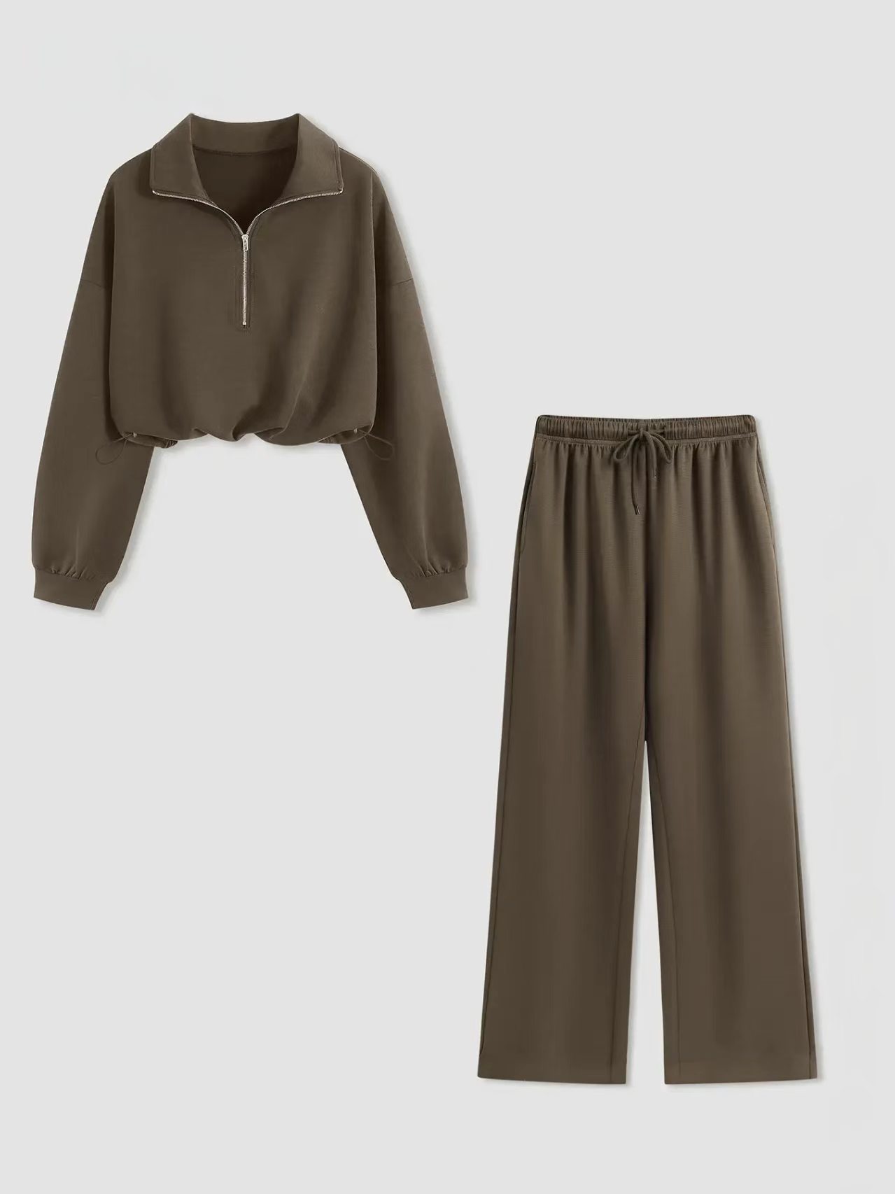 Women 2‑Piece Casual Outfit Set, Half Zip Collar Cropped Sweatshirt & Wide‑Leg Long Pants for Spring Autumn-TACTILEFABLE
