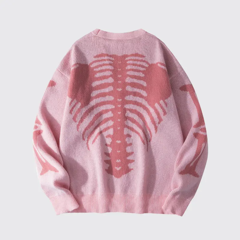Women's Skeleton Print Knit Cardigan V-Neck Drop-Shoulder Sweater for Casual Wear-Tactilefable