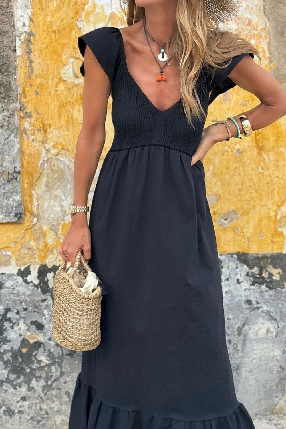 Harper V Neck Ruffled Cap Sleeve Smocked Maxi Dress | 2 Colors-Tactilefable