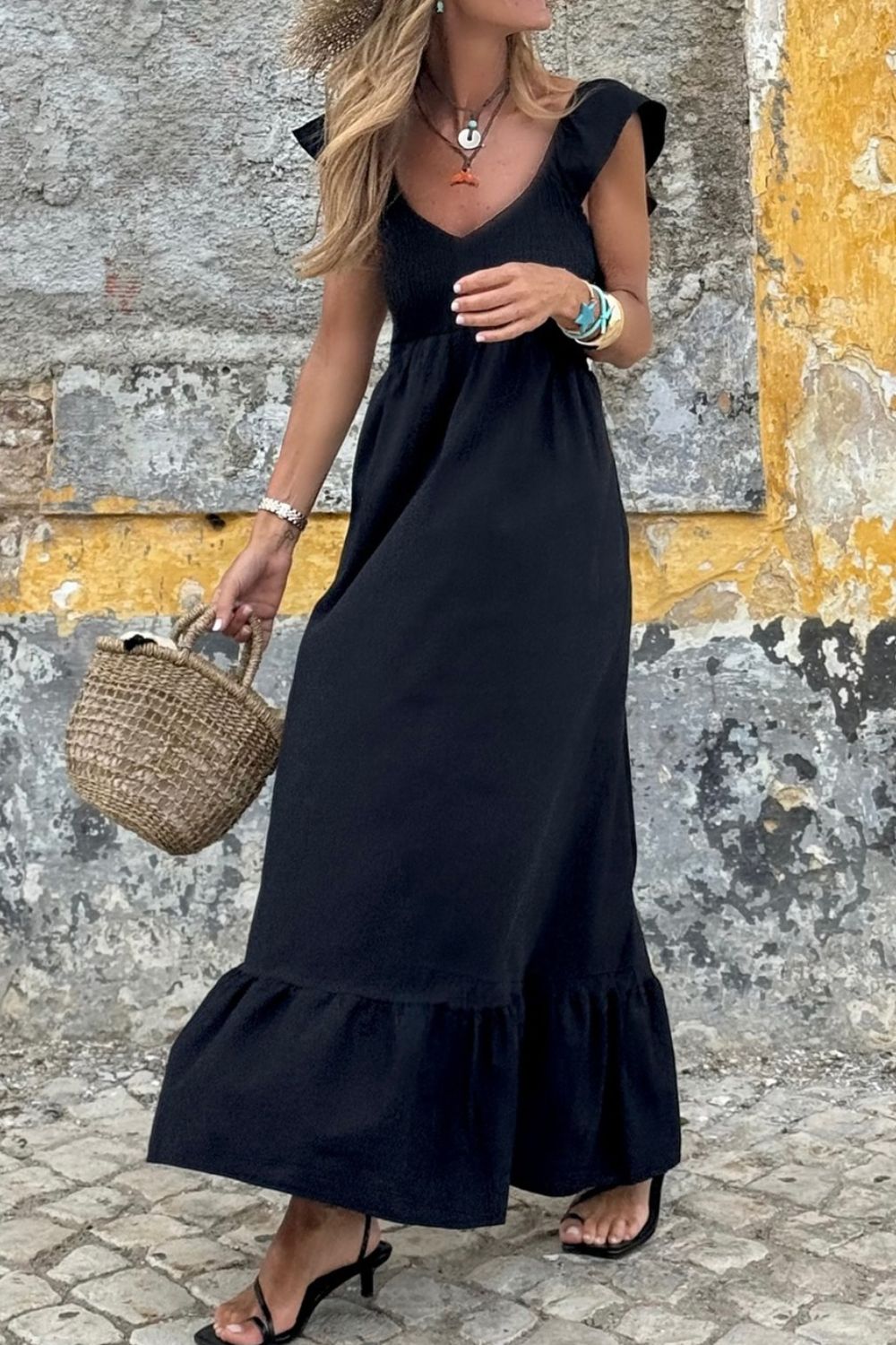 Harper V Neck Ruffled Cap Sleeve Smocked Maxi Dress | 2 Colors-Tactilefable