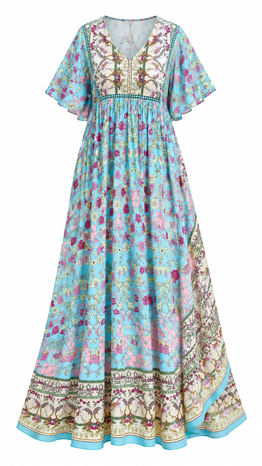 Floral Boho V-Neck Flutter Sleeve Maxi Dress-Tactilefable