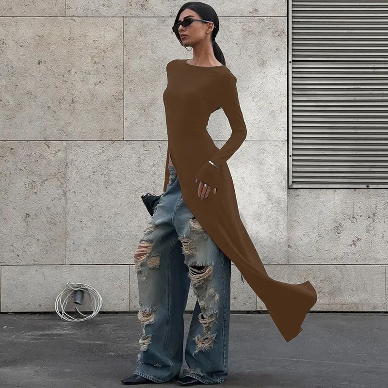 Women's Plain Asymmetrical Split Hem Slit Design Boat Neck Dress, Casual Long Sleeve Dress for Spring & Fall, Women's Clothing for Daily Wear Women's Plain Asymmetrical Split Hem Slit Design Boat Neck Dress, Casual Long Sleeve Dress for Spring & Fall, Women's Clothing for Daily Wear