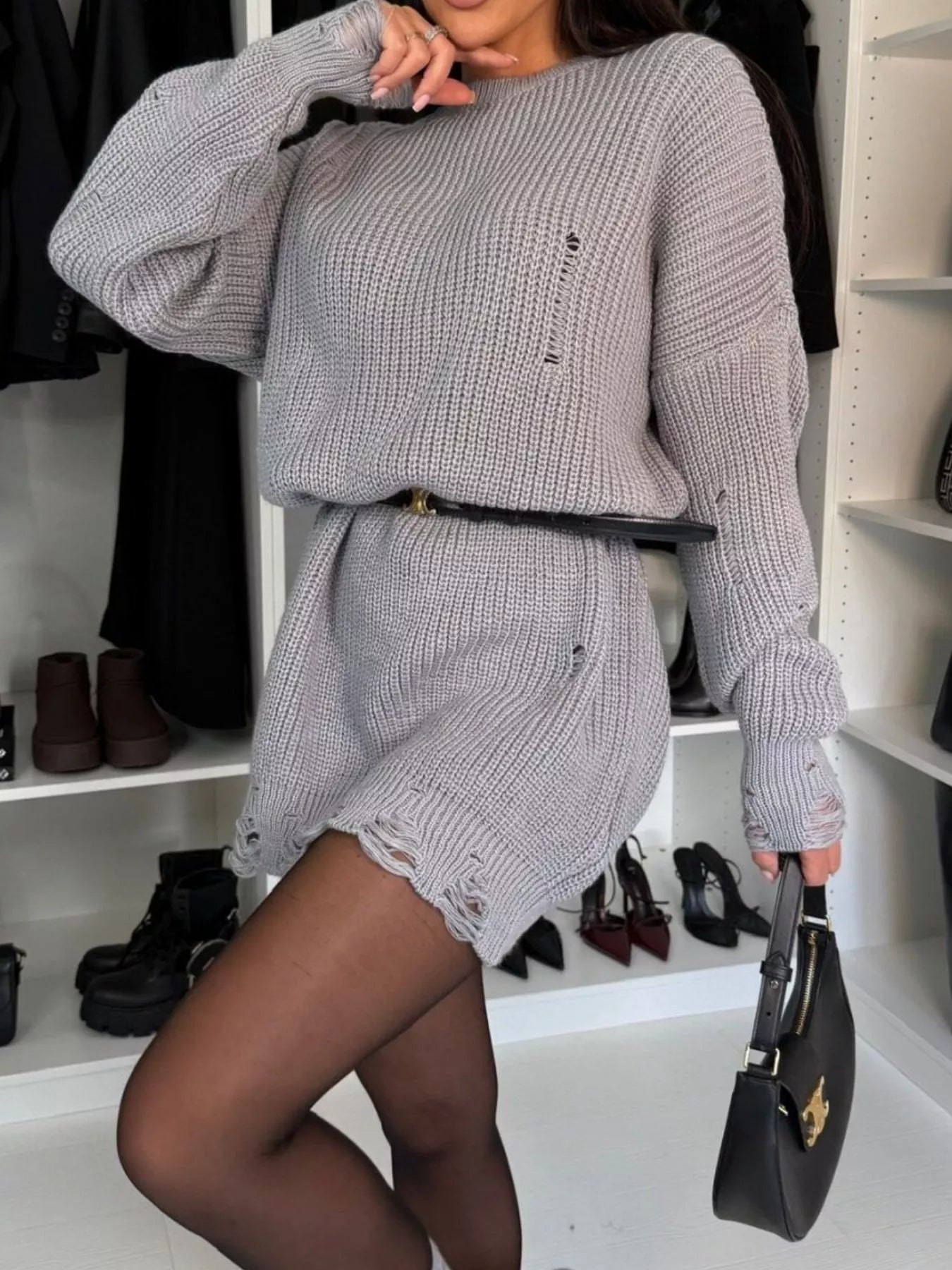 Shred Effect Sweater Dress | 3 Colors-Tactilefable