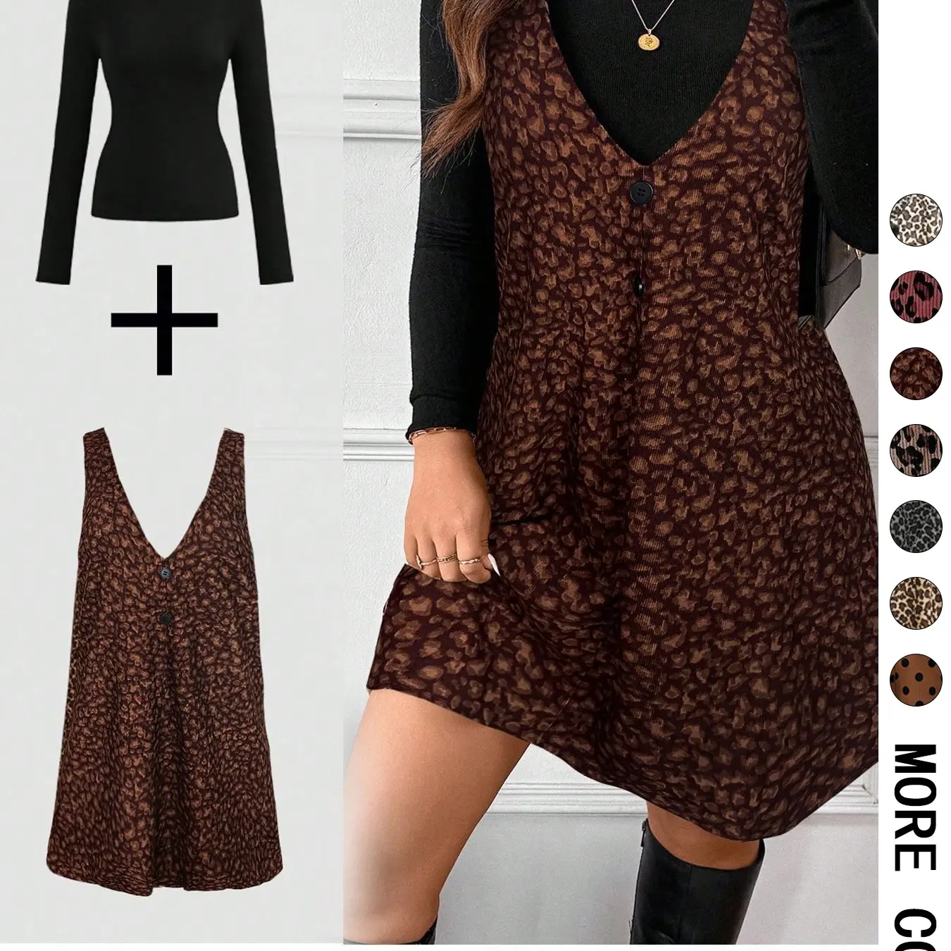Women's High Neck Long Sleeve Inner Layer & Leopard Print Strap Skirt Matching Set