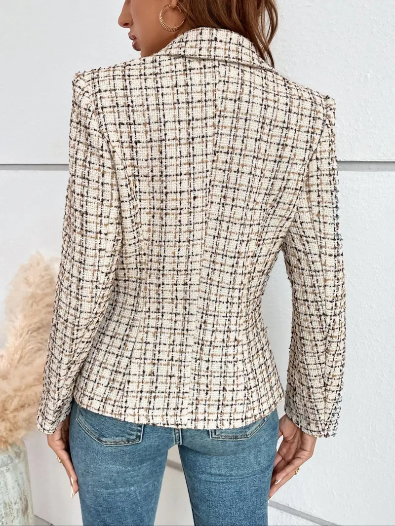 Women's Plaid Print Double Button Flap Detail Lapel Trendy Fashion Blazer, Casual Long Sleeve Outerwear for Fall & Winter, Ladies Clothes for Work Office Business, Elegant
