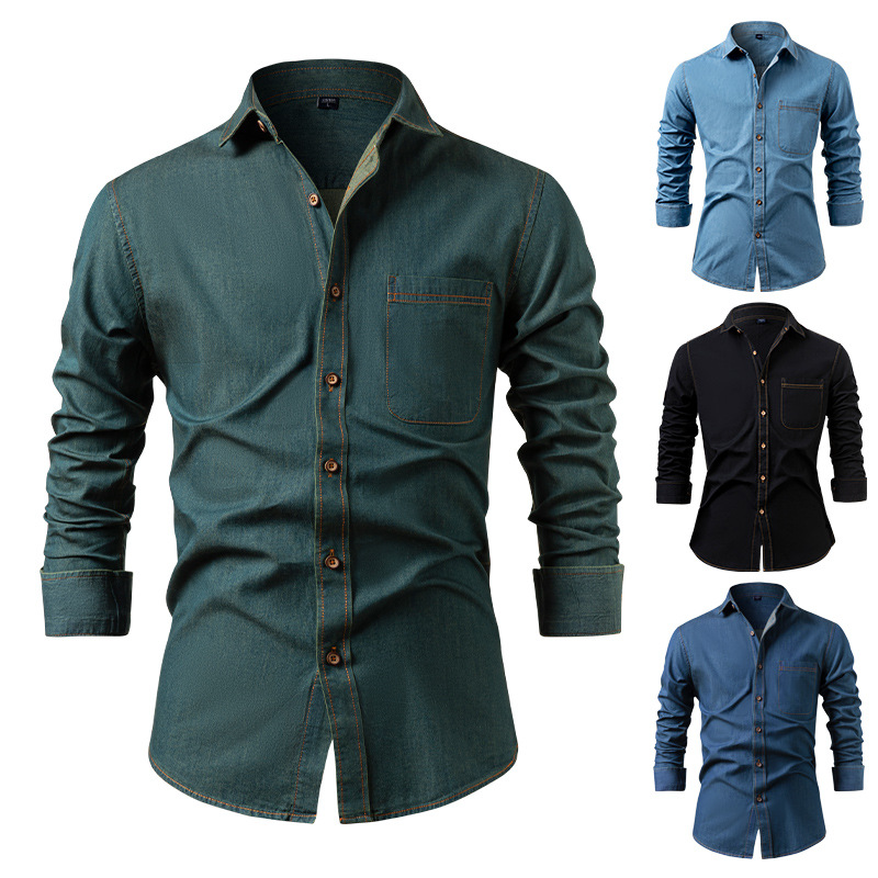 Men's Denim Shirt, Pure Cotton, Wrinkle-Free, Solid Color, Long Sleeve-Tactilefable