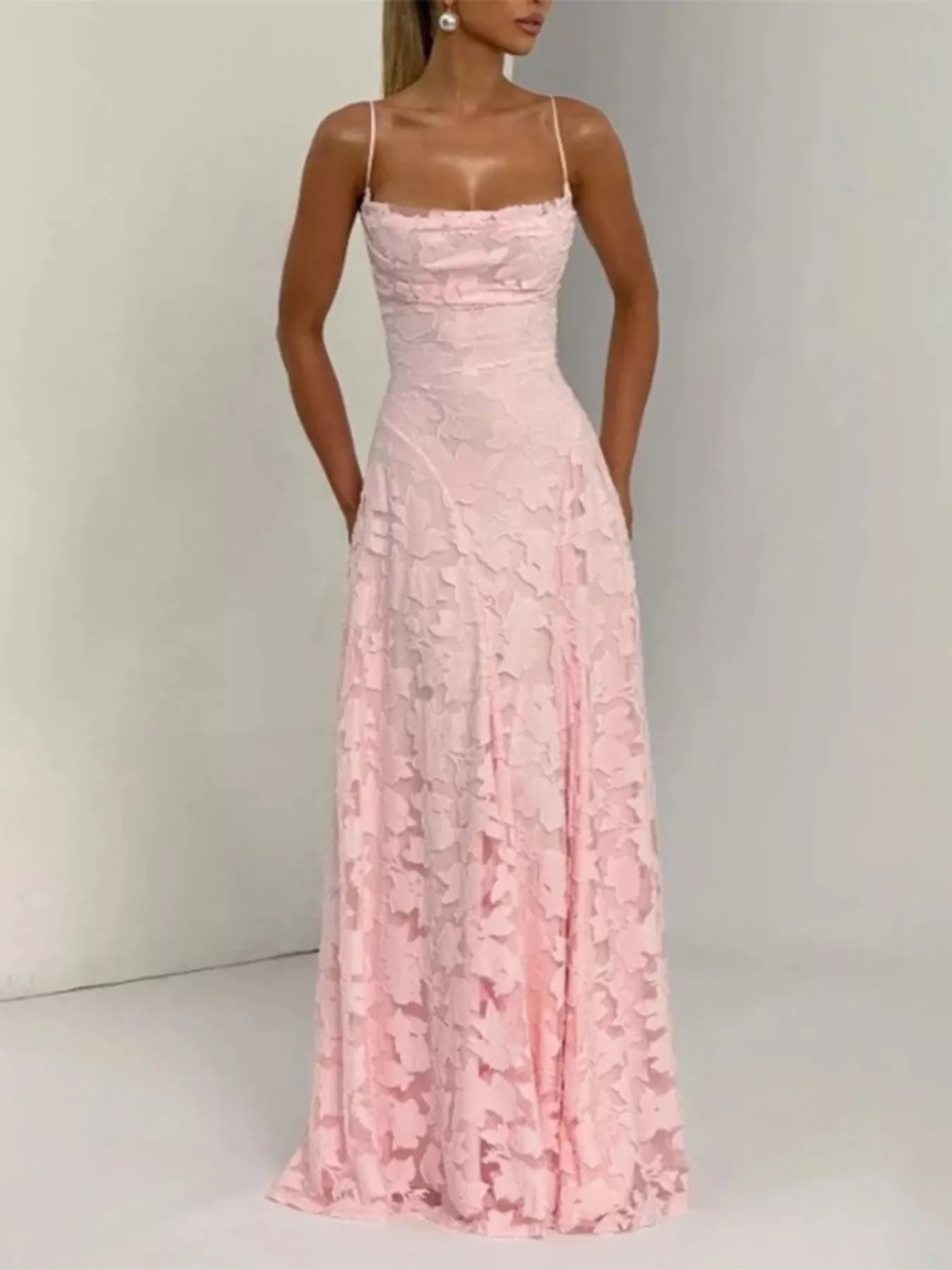 Floral Lace Spaghetti Strap Evening Maxi Dress | 3 Colors-Tactilefable
