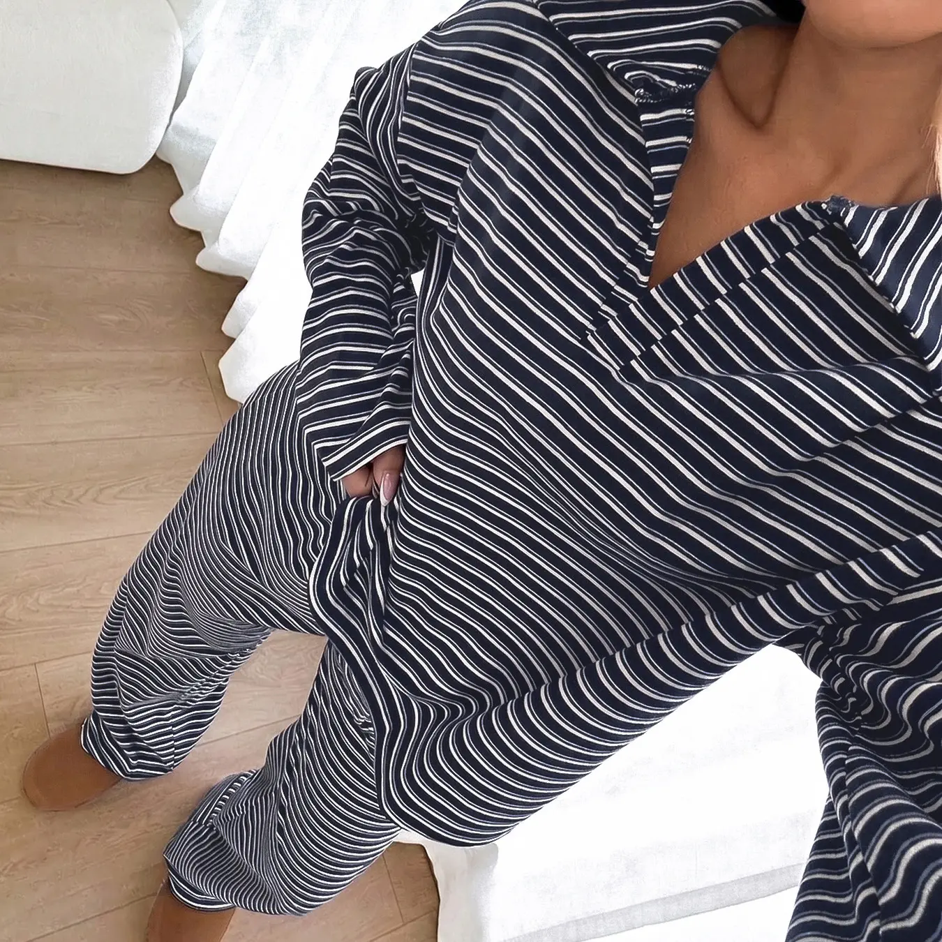 Women's 2-Piece Striped V-Neck Lounge Set