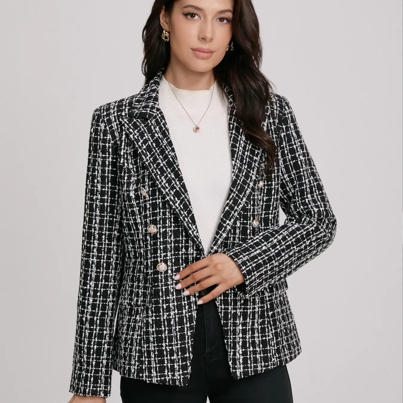Plaid Double Button Flap Blazer for Women, Work Office, Houndstooth