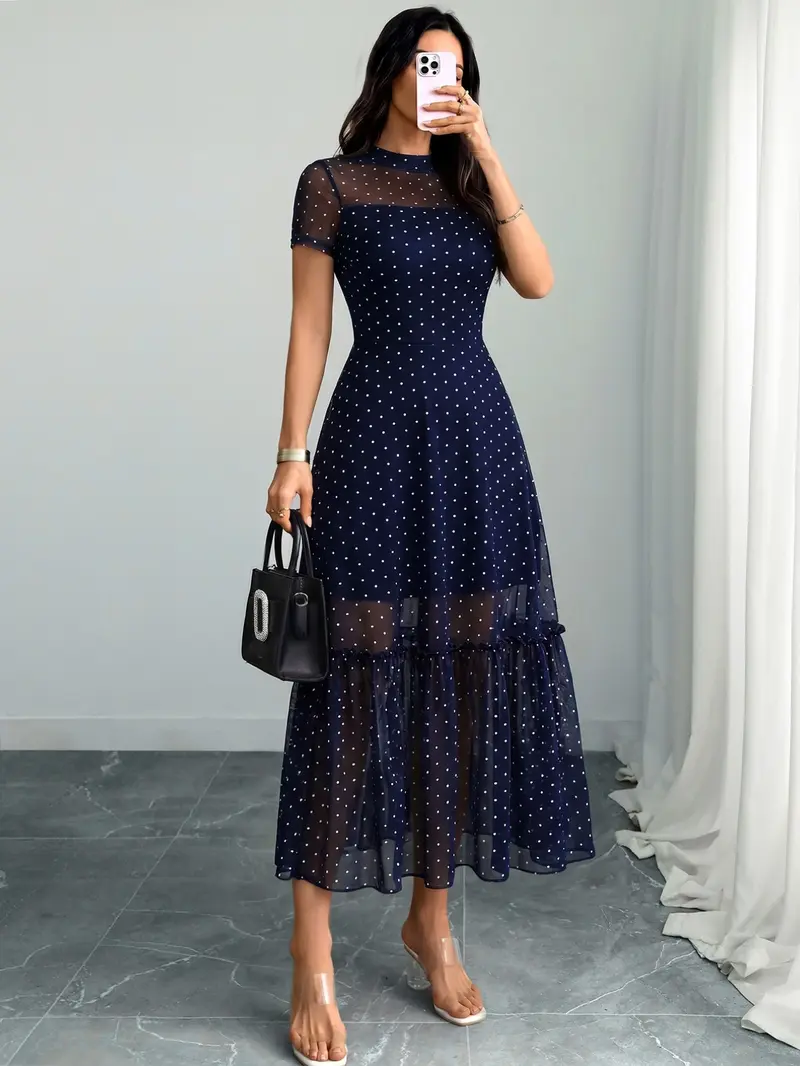 Women's Sexy Leopard Print Elegant Round Neck Mesh Skirt Dress, Stylish Casual Fashion, Perfect for Parties and Daily Wear, Date Night Dresses