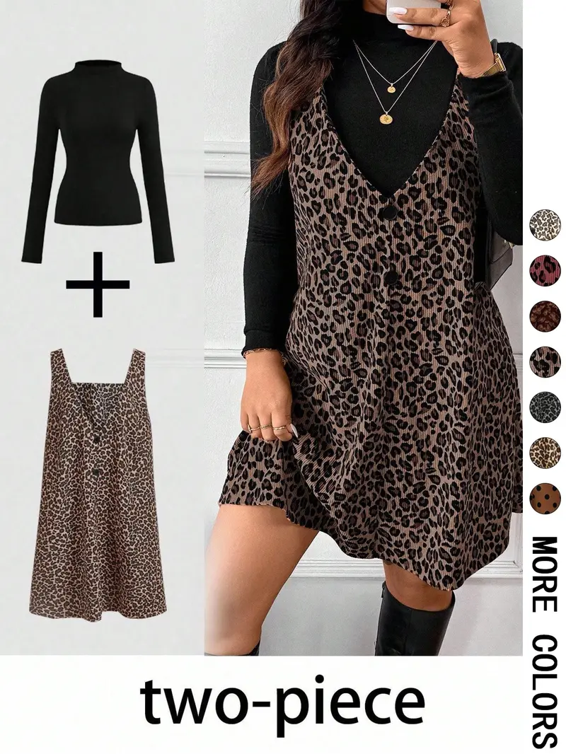 Women's High Neck Inner Layer + Leopard Print Strap Skirt Set, Casual Daily Spring Autumn Commuter, Two-Piece Ensemble, Top And Skirt Set